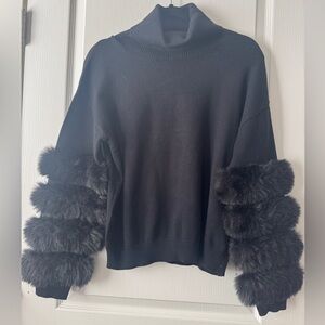 Cliché Black Turtleneck Sweater w/ faux fur embellished sleeves! NWT Size M